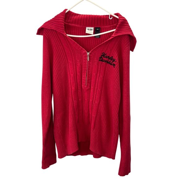 Harley Davidson Sweater XL Red 1/4 Zip Embroidered Spellout Logo V-Neck Ribbed - Picture 1 of 6